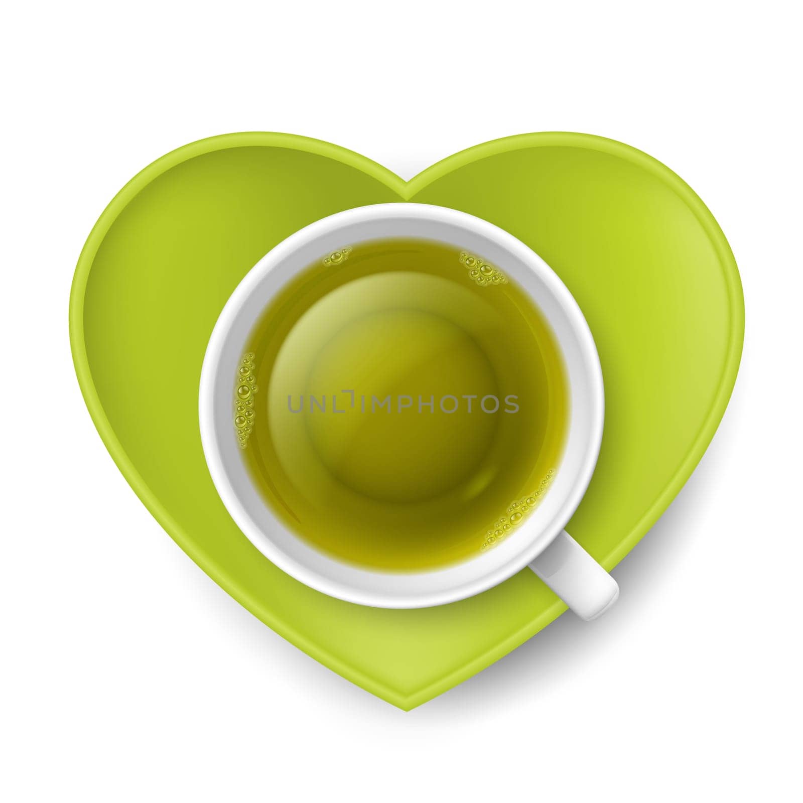 Cup of green tea with saucer in shape of heart
