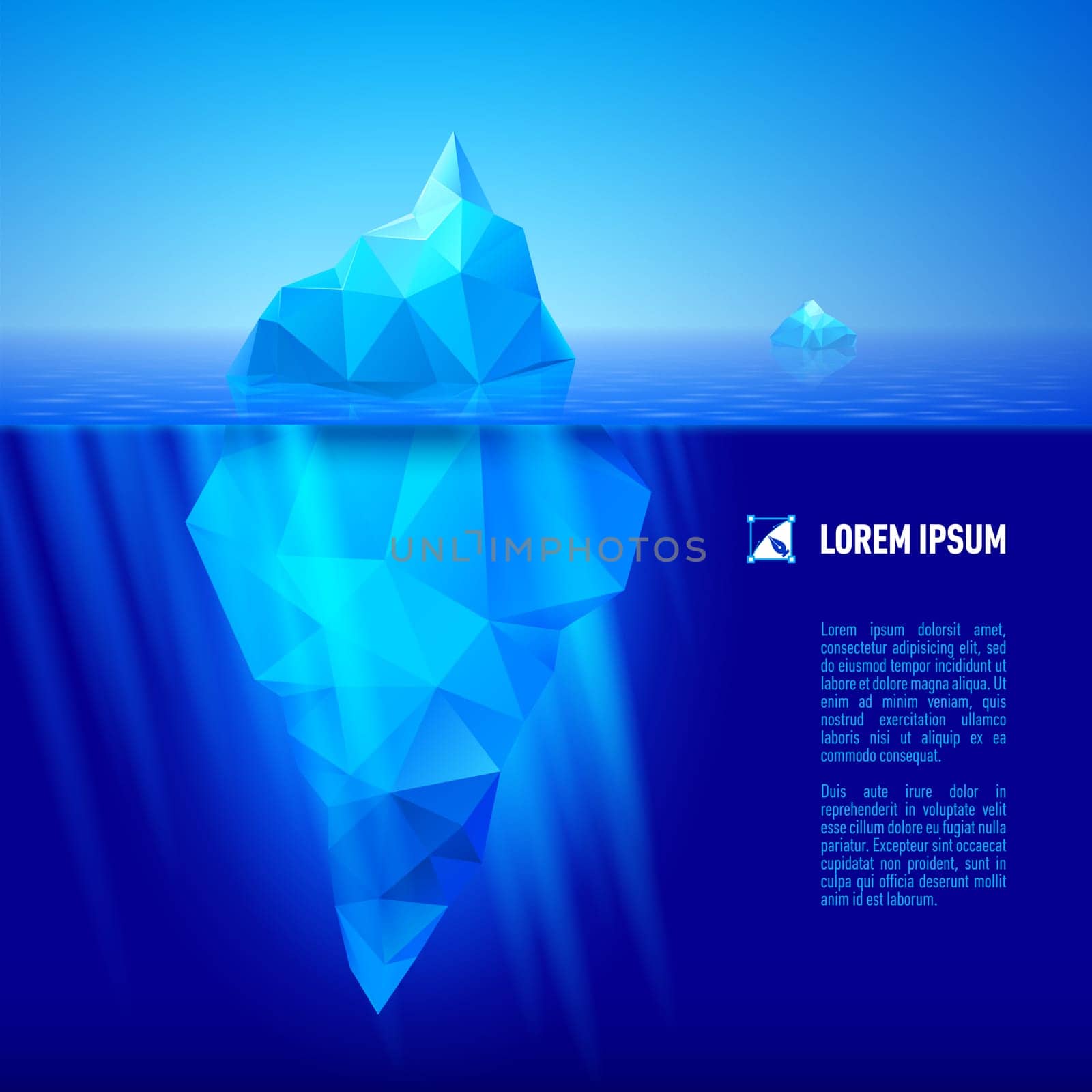 big blue iceberg drifting in the sea. Half of it is under water.