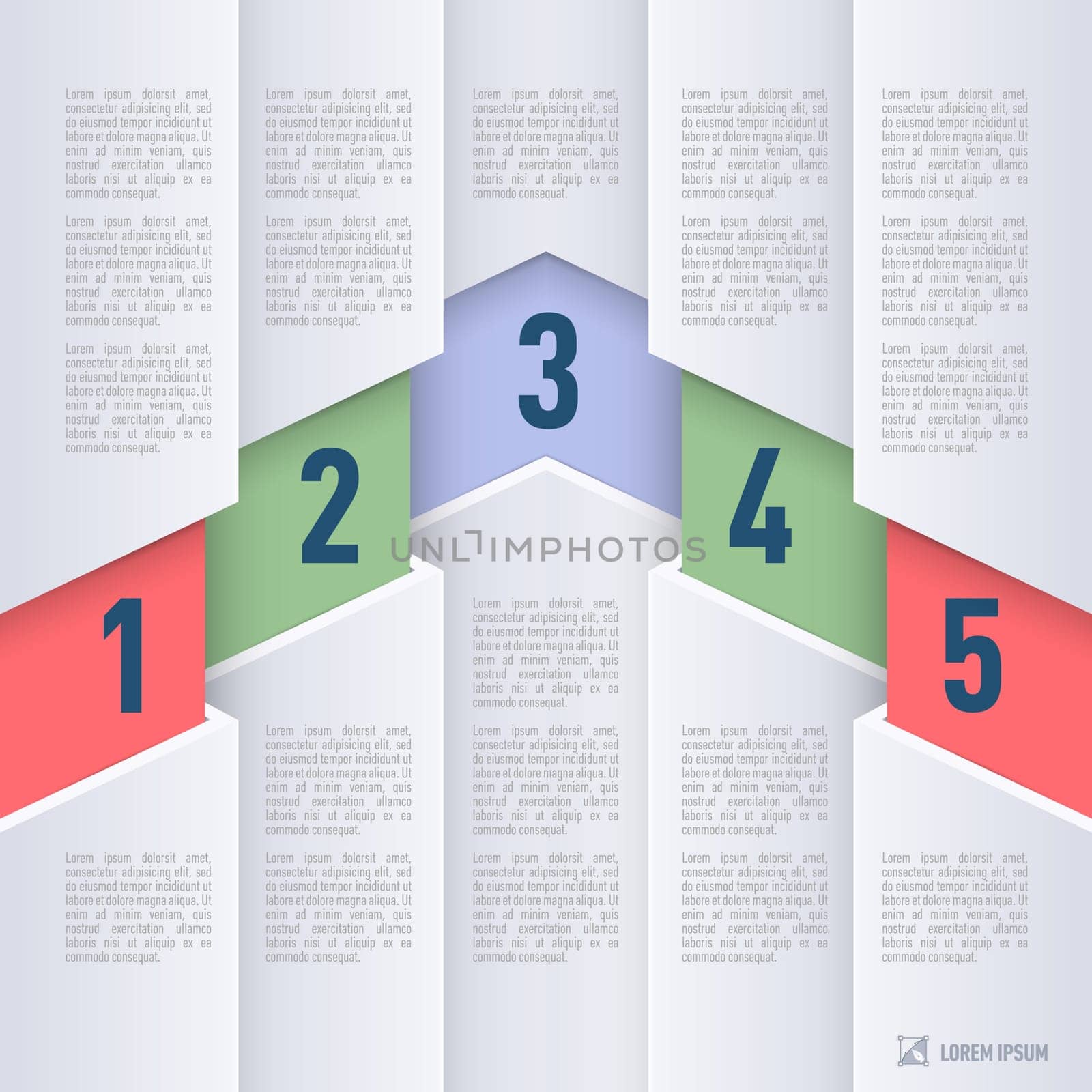 Paper infographics with white sheets and colored numbered items from one to five