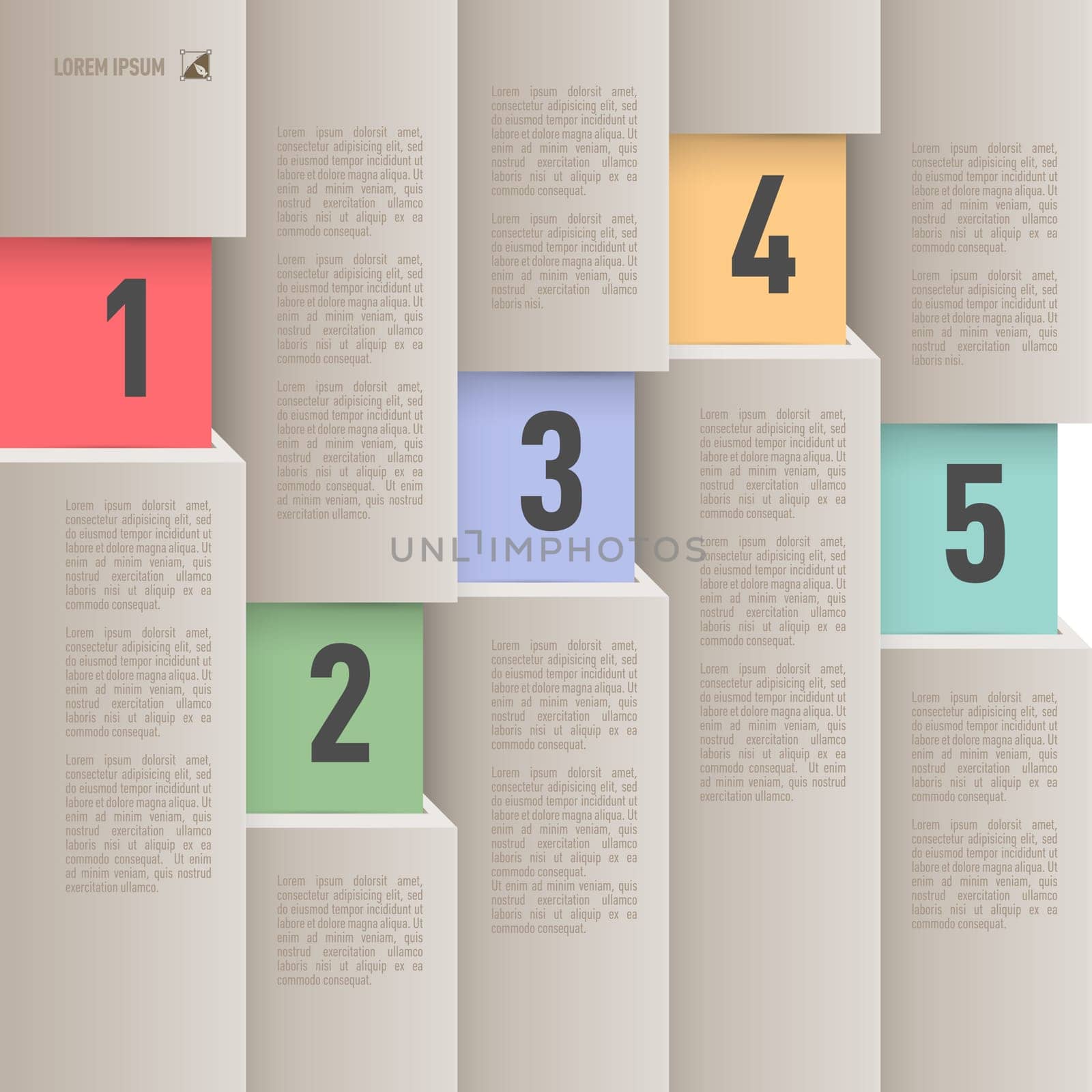 Paper style infographics with colored numbered items from one to five