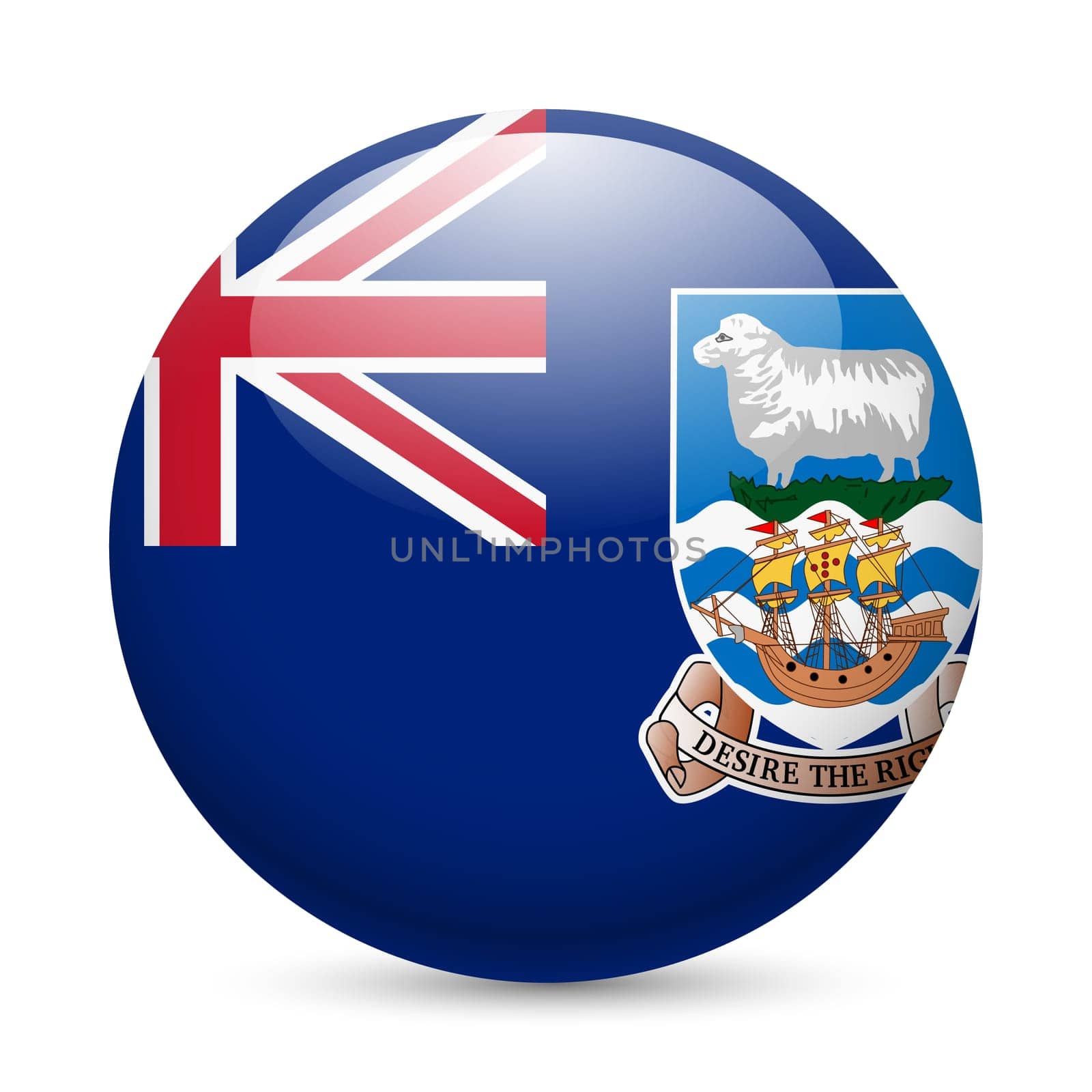 Flag of Falkland Islands as round glossy icon. Button with flag design
