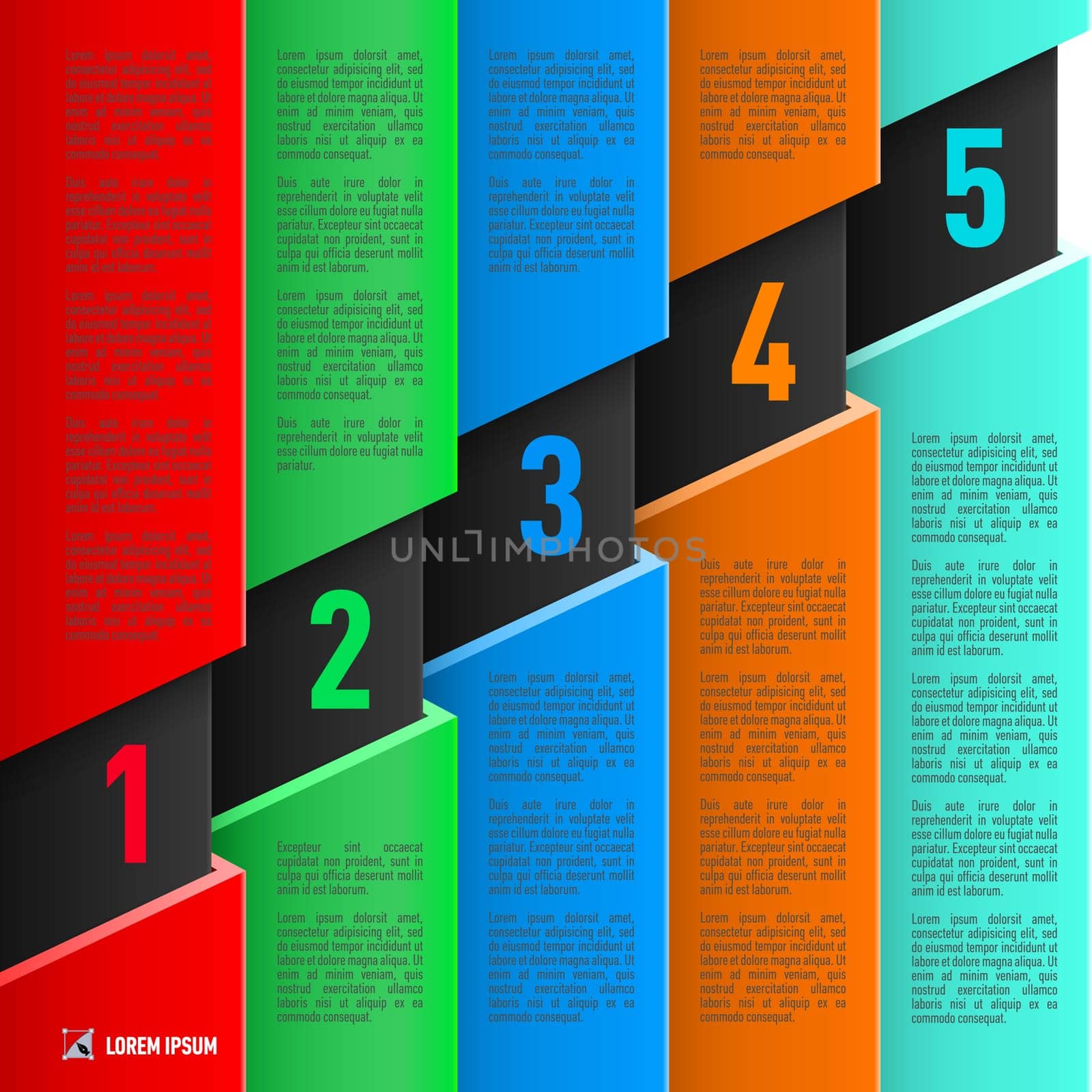 Infographics in paper style with colorful sheets and numbered items from one to five