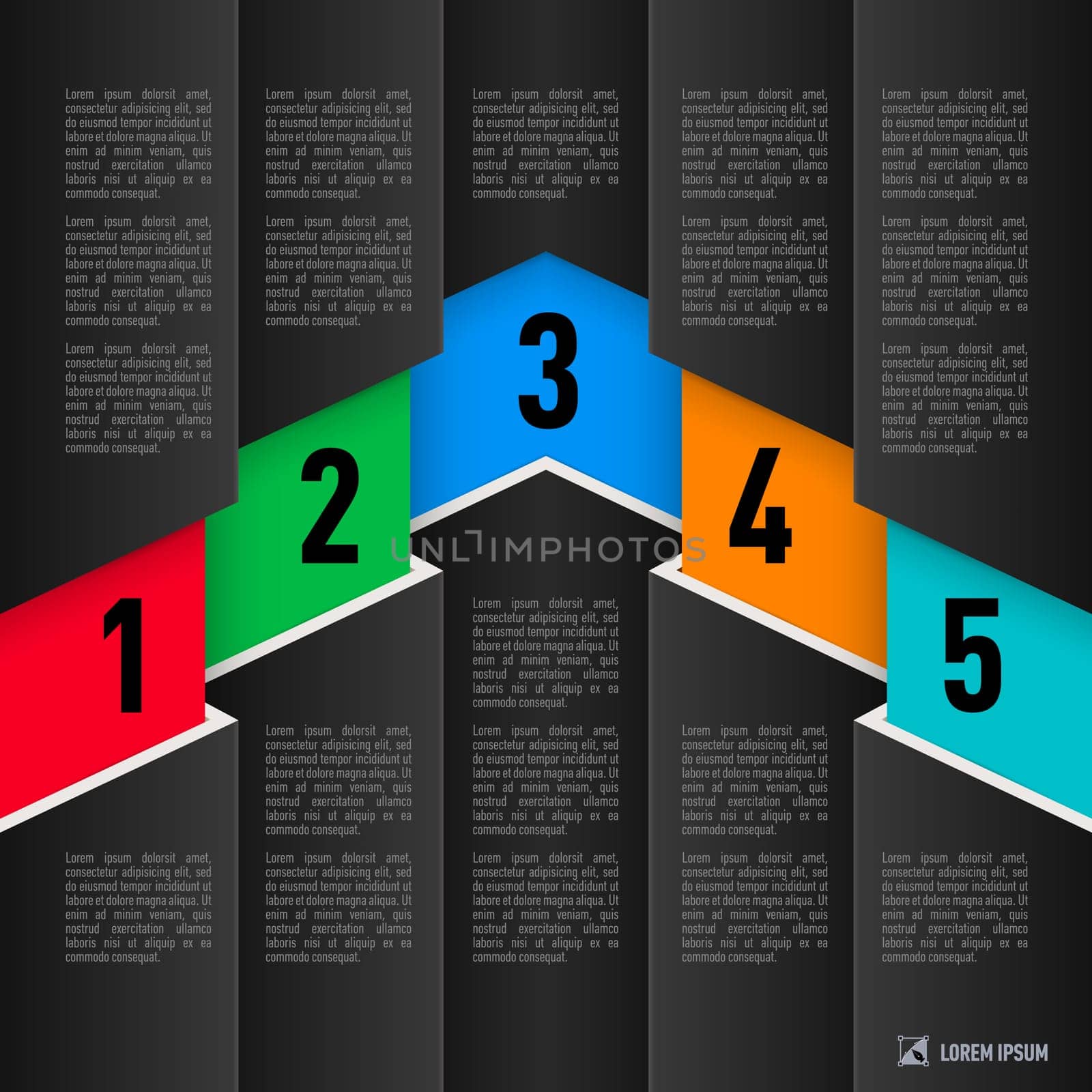 Infographics in paper style with black sheets and colored numbered items from one to five