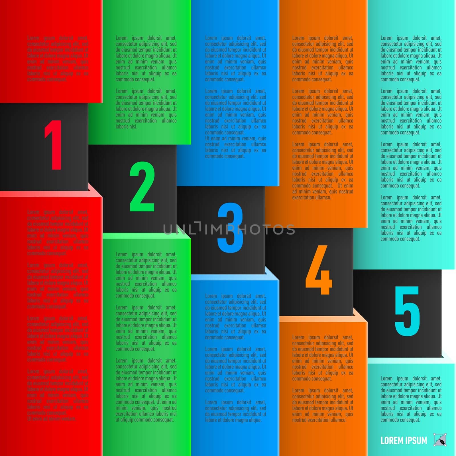 Infographics in paper style with colorful sheets and descending numbered items from one to five