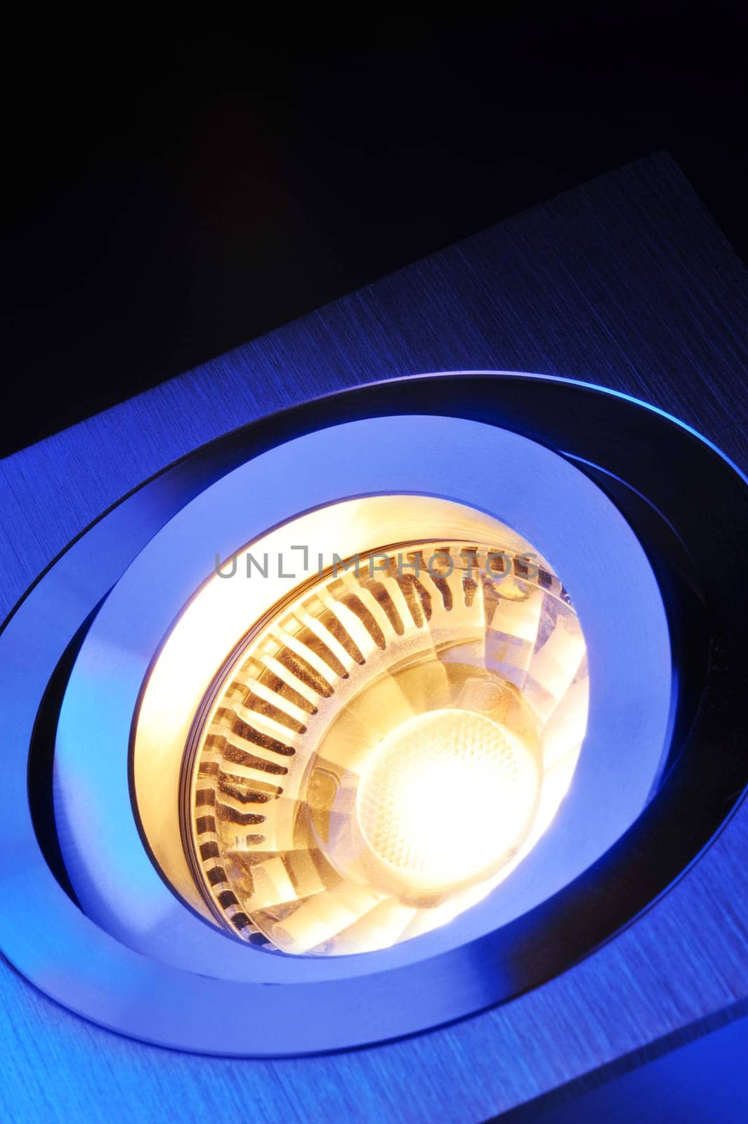 Macrodetail of a warm white COB LED in blue light