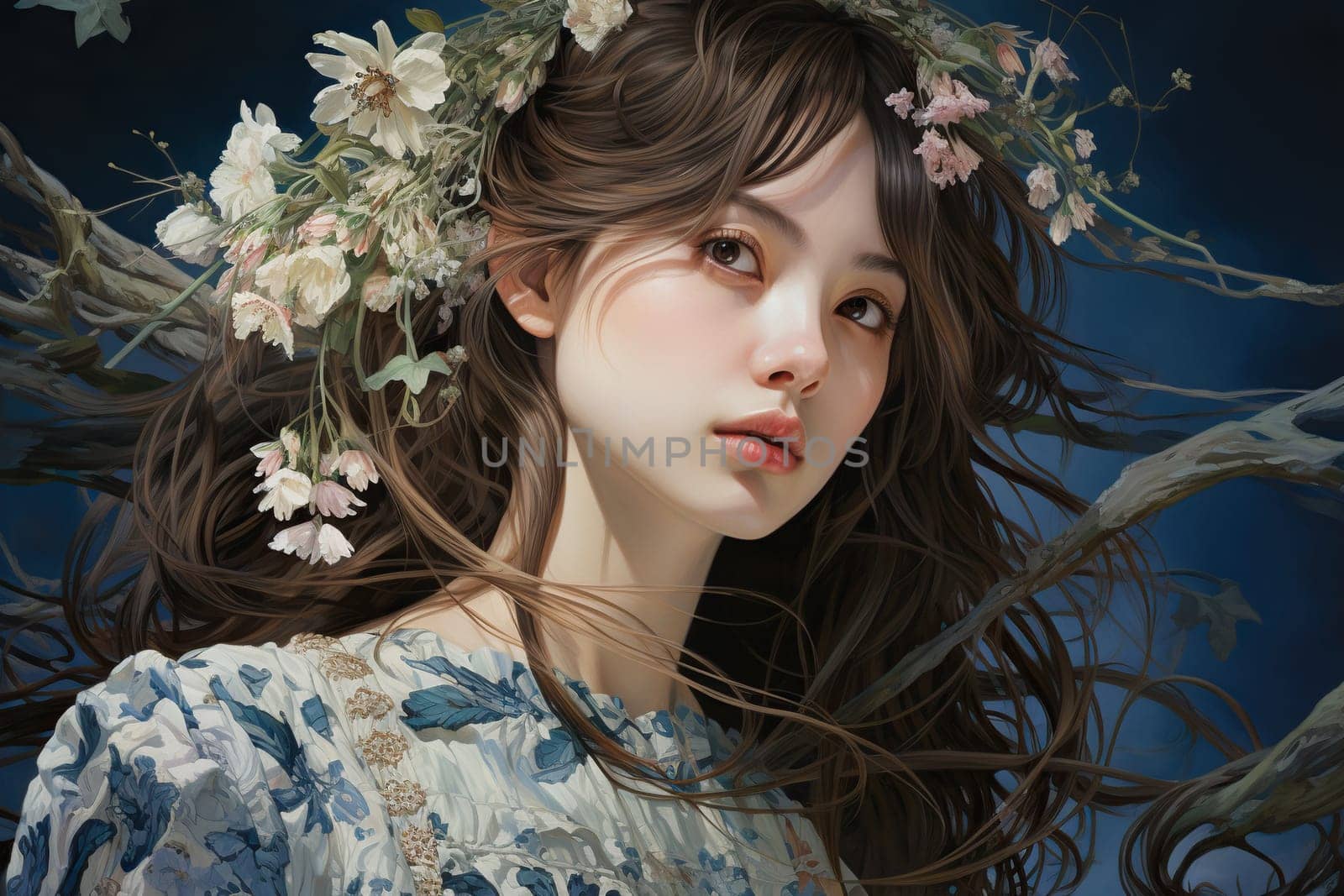 Portrait of an Asian young beautiful girl with flowers in her hair. Mental health concept. Generated by artificial intelligence by Vovmar