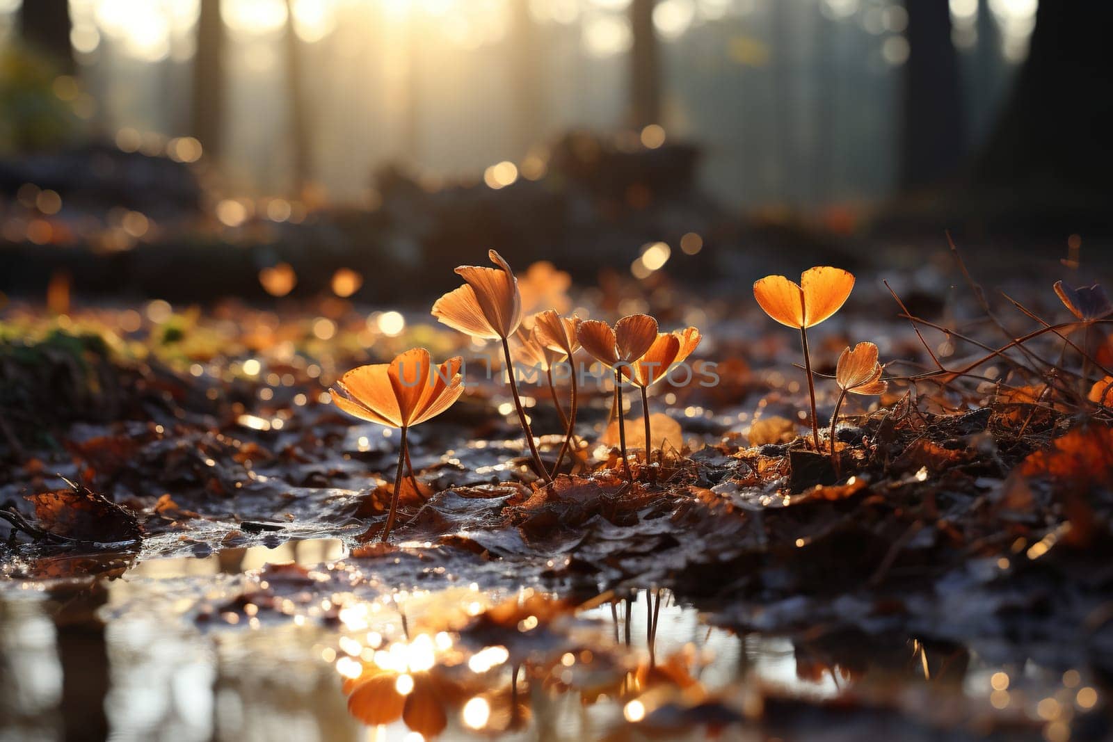 Flora of forest land in the rays of the sun close-up in autumn, nature ecology.