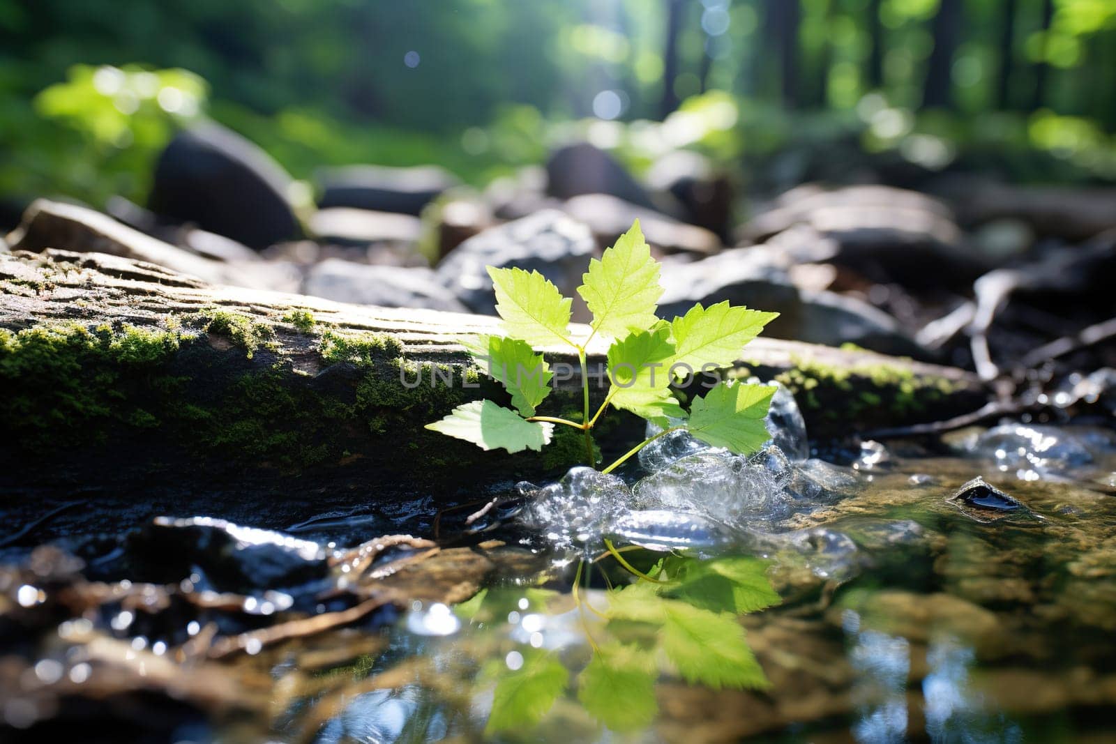Calm forest river with large stones, tree leaves and moss. Blurred forest background