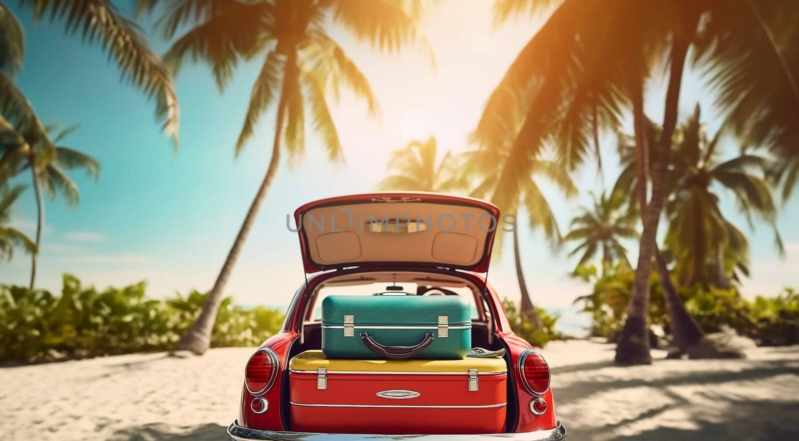 Summer Travel Time Overloaded Luggage. Baggages in the car for travel concept. Suitcases Holiday Concept Adventure Trip. Copy space Space for text