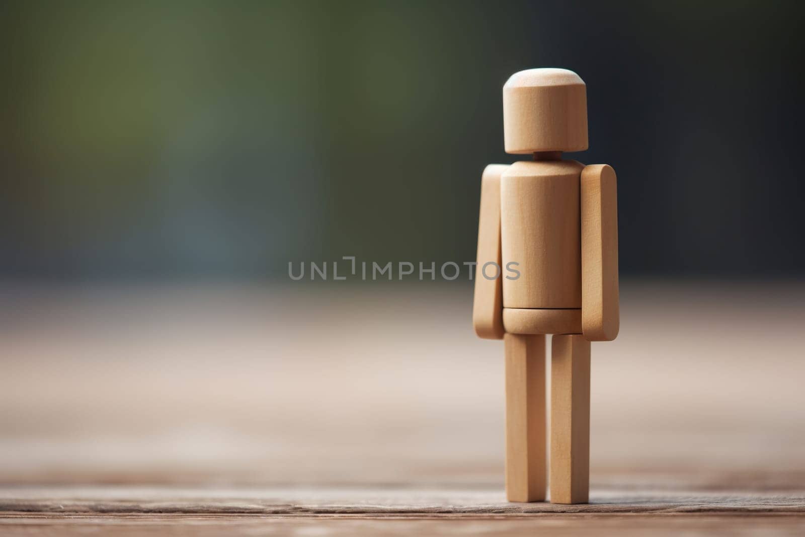 Sad and lonely wooden man on a wooden surface on a blurred natural background. The concept of loneliness, sadness, waiting.