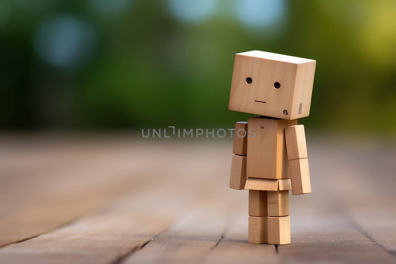 Sad and lonely wooden man on a wooden surface on a blurred natural background. The concept of loneliness, sadness, waiting.