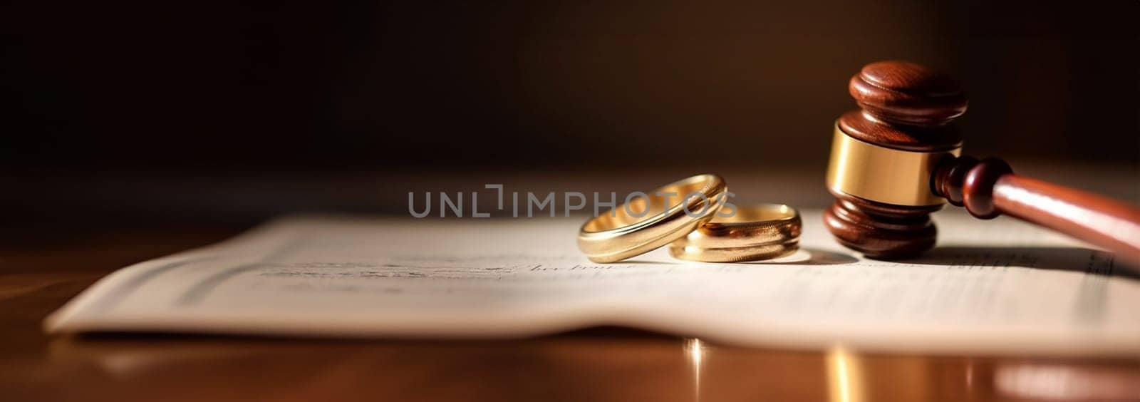 Divorce by law. Two golden rings,contract and Judge hammer. Husband and wife getting a divorce concept. Division of property after a divorce. hammer of a judge. Copy space by Annebel146