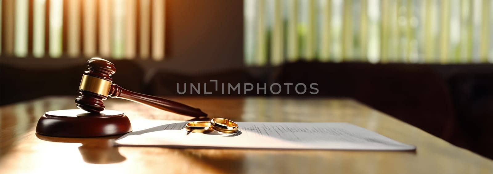 Divorce by law. Two golden rings,contract and Judge hammer. Husband and wife getting a divorce concept. Division of property after a divorce. hammer of a judge. Copy space Space for text