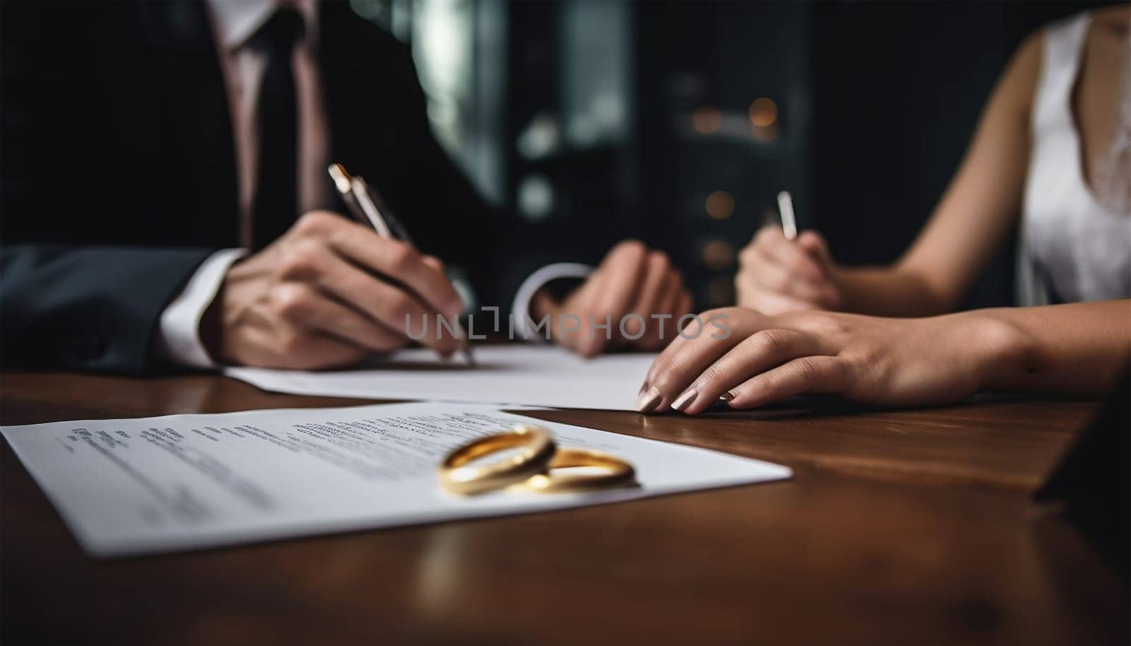 Divorce by law. Two golden rings,contract and Judge hammer. Husband and wife getting a divorce concept. Division of property after a divorce. hammer of a judge. Copy space Space for text