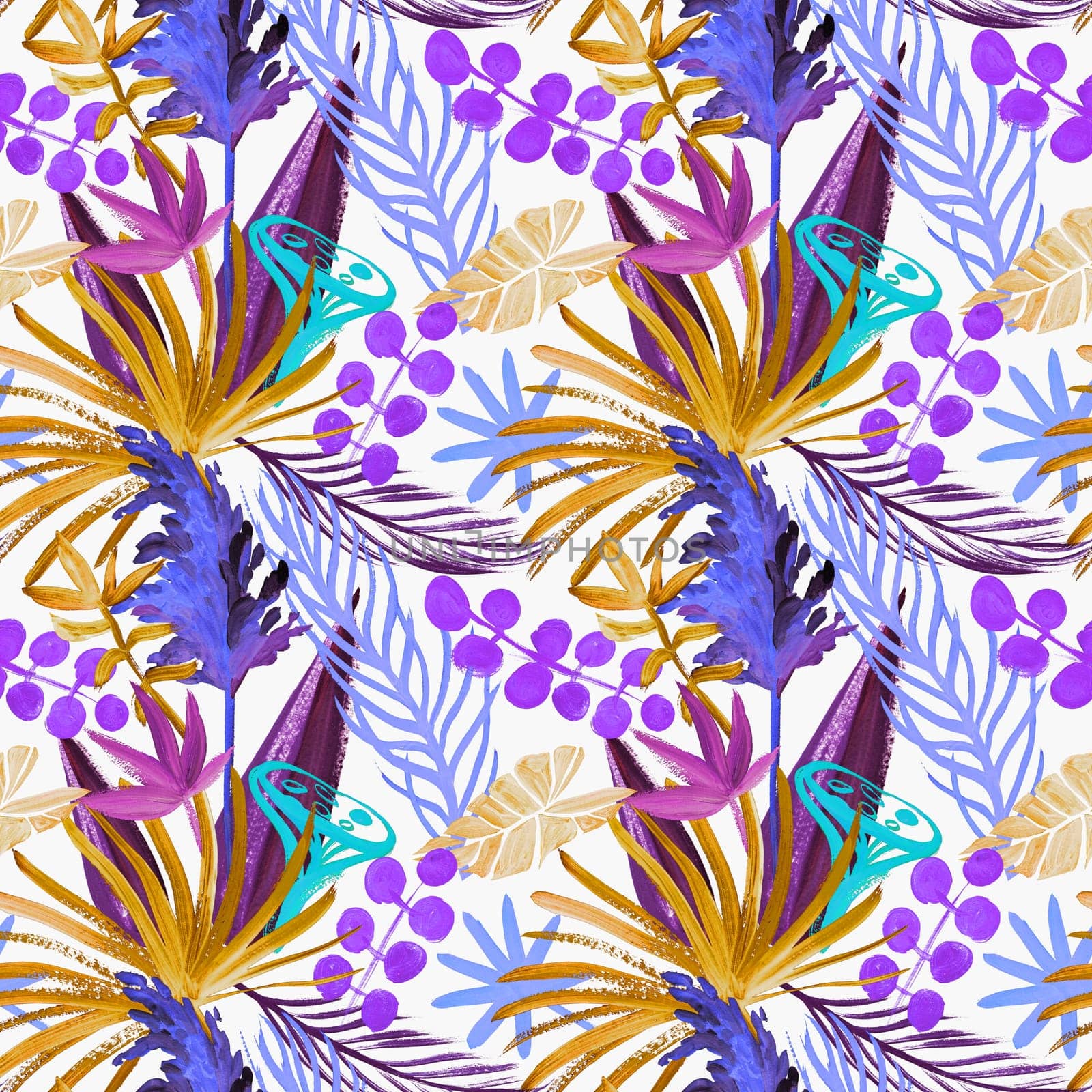 modern bright seamless pattern with tropical palm leaves and colorful dried flowers for fashion textiles and surface design. Summer botanical motif in futuristic colors