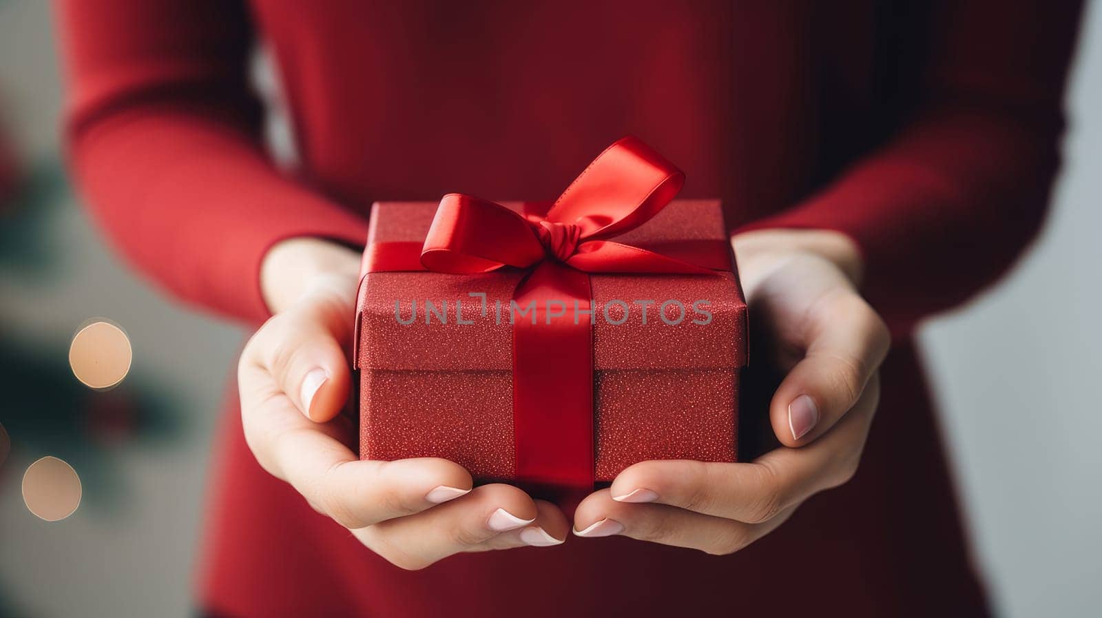 Christmas gift in a red box in gentle female hands on a light, New Year's background with bokeh and copy space.