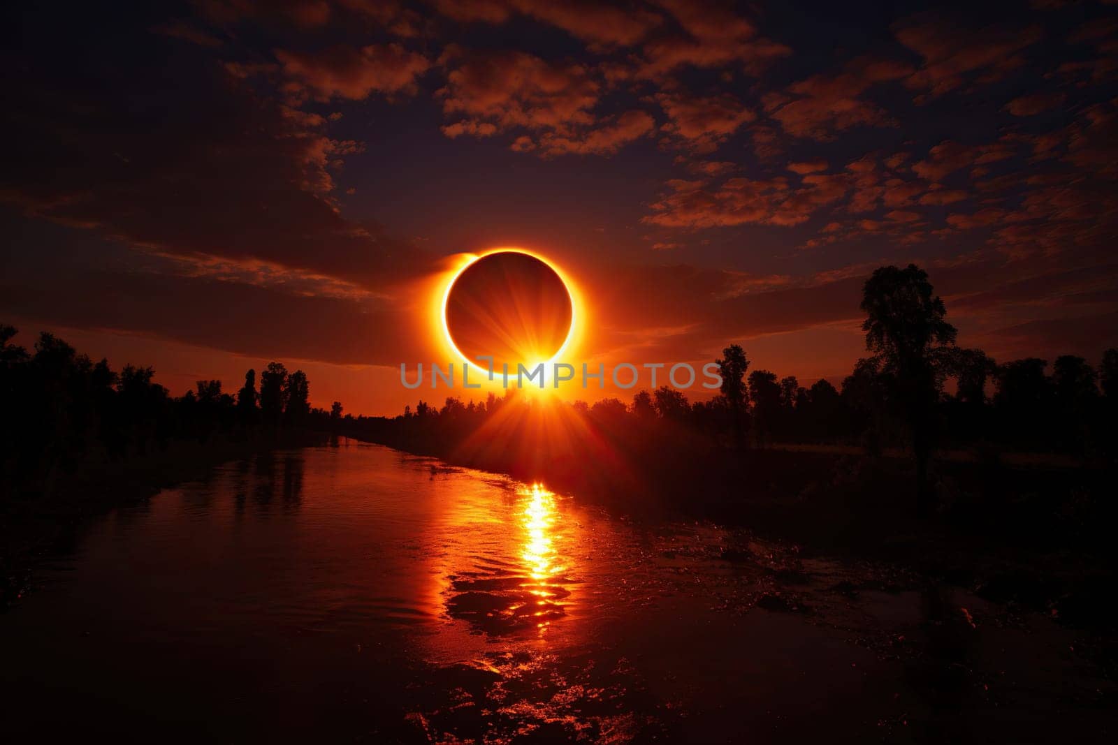 Natural phenomenon - total solar eclipse, river, trees in the dark.
