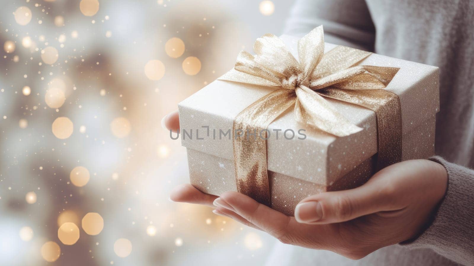 Christmas gift in a light box in gentle female hands, in a white sweater on a light, New Year's background with bokeh and copy space by Alla_Yurtayeva