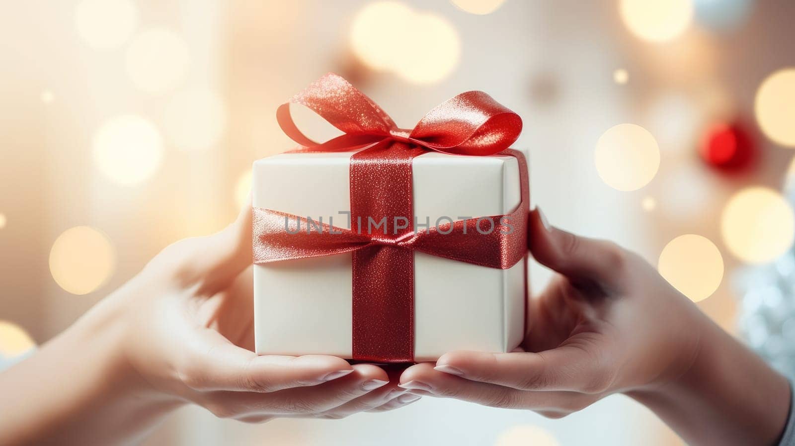 Christmas gift in a light box with a red ribbon in gentle female hands, in a white sweater on a light, New Year's background with bokeh and copy space by Alla_Yurtayeva