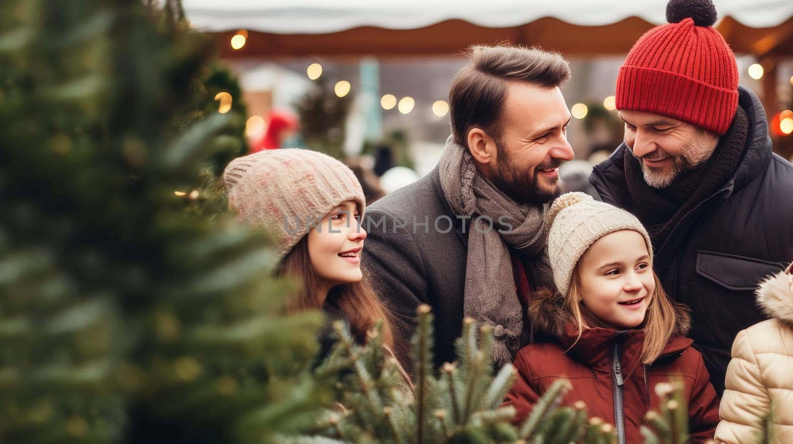 Happy family of LGBT gay couples with children and parents choose a New Year tree at the Christmas tree market. Merry Christmas and Merry New Year concept