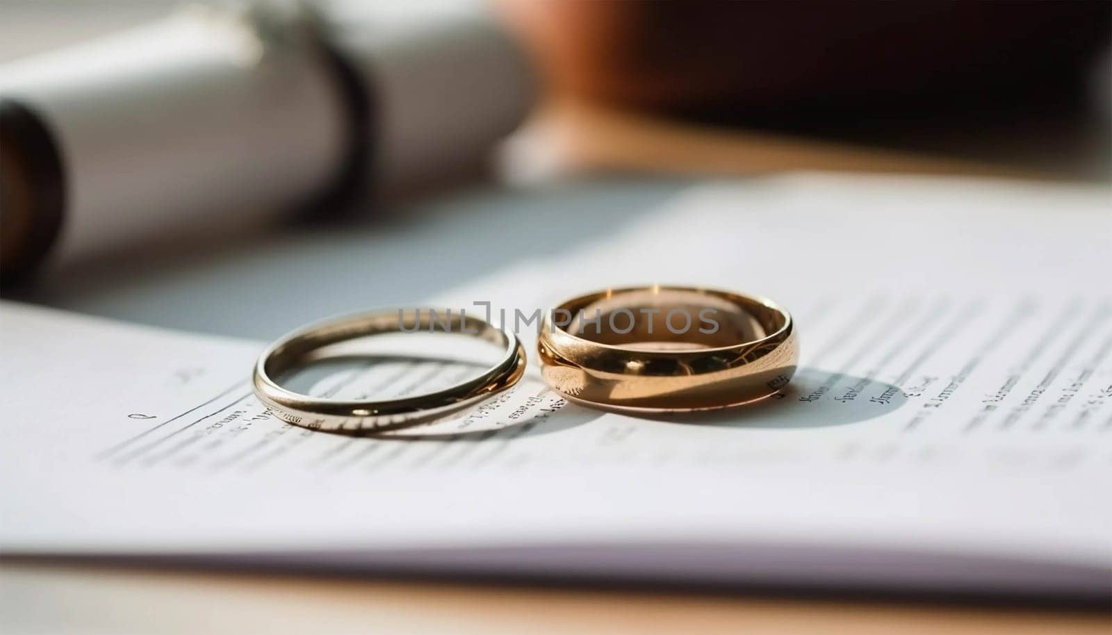 Two golden rings with contract for married concept. Happy long lasting marriage concept. bond with a contract Copy space Space for text