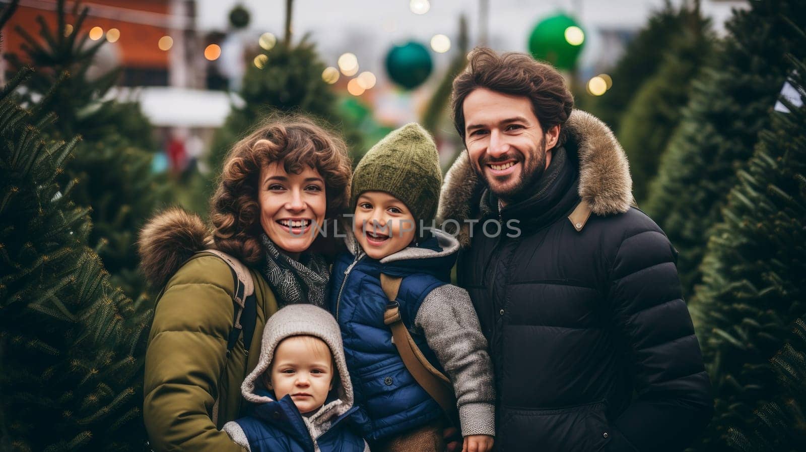 A happy family with a child and parents chooses a New Year's tree at the Christmas tree market. Merry Christmas and Merry New Year concept