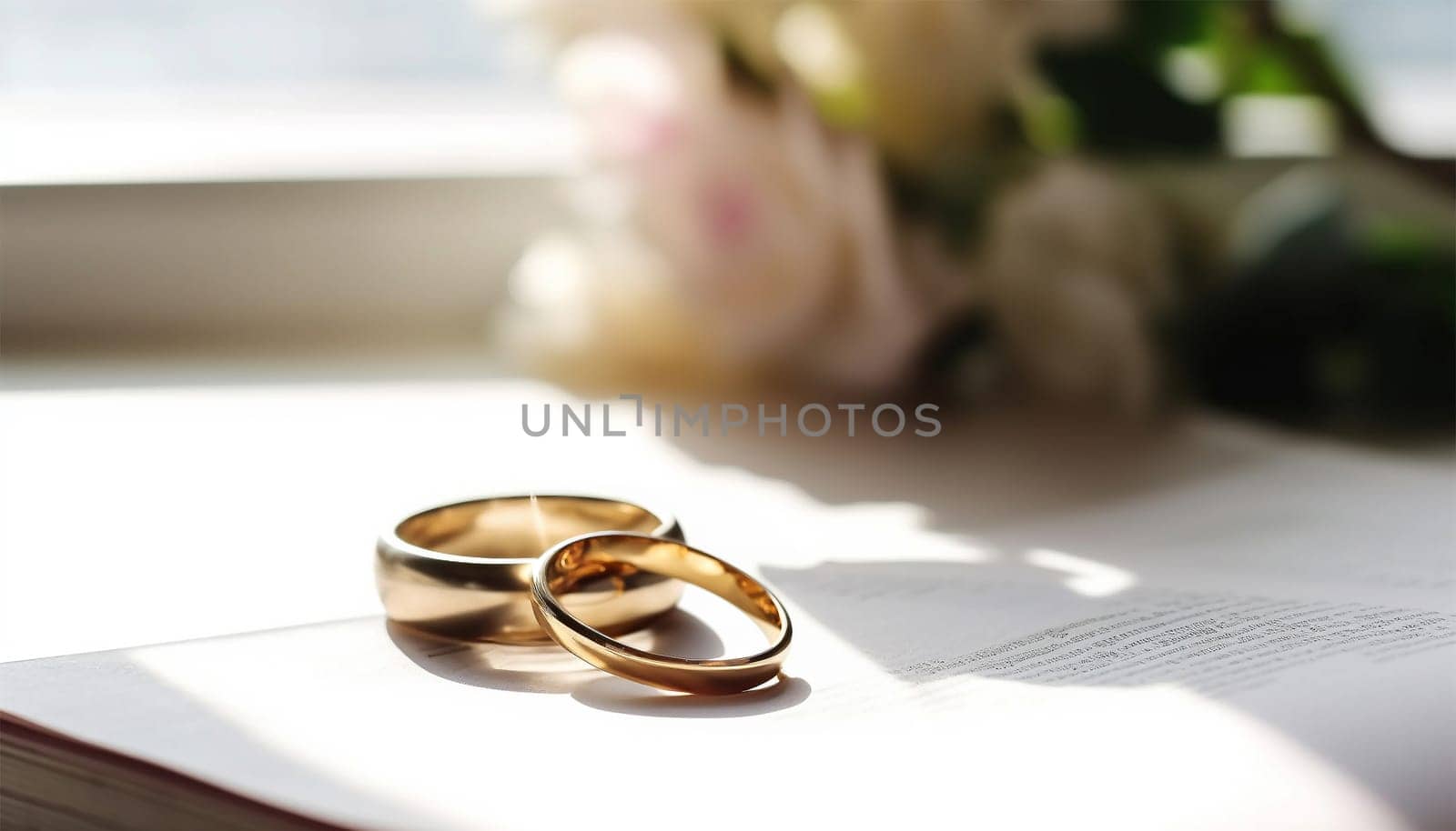 Two golden rings with contract for married concept. Happy long lasting marriage concept. bond with a contract Copy space Space for text