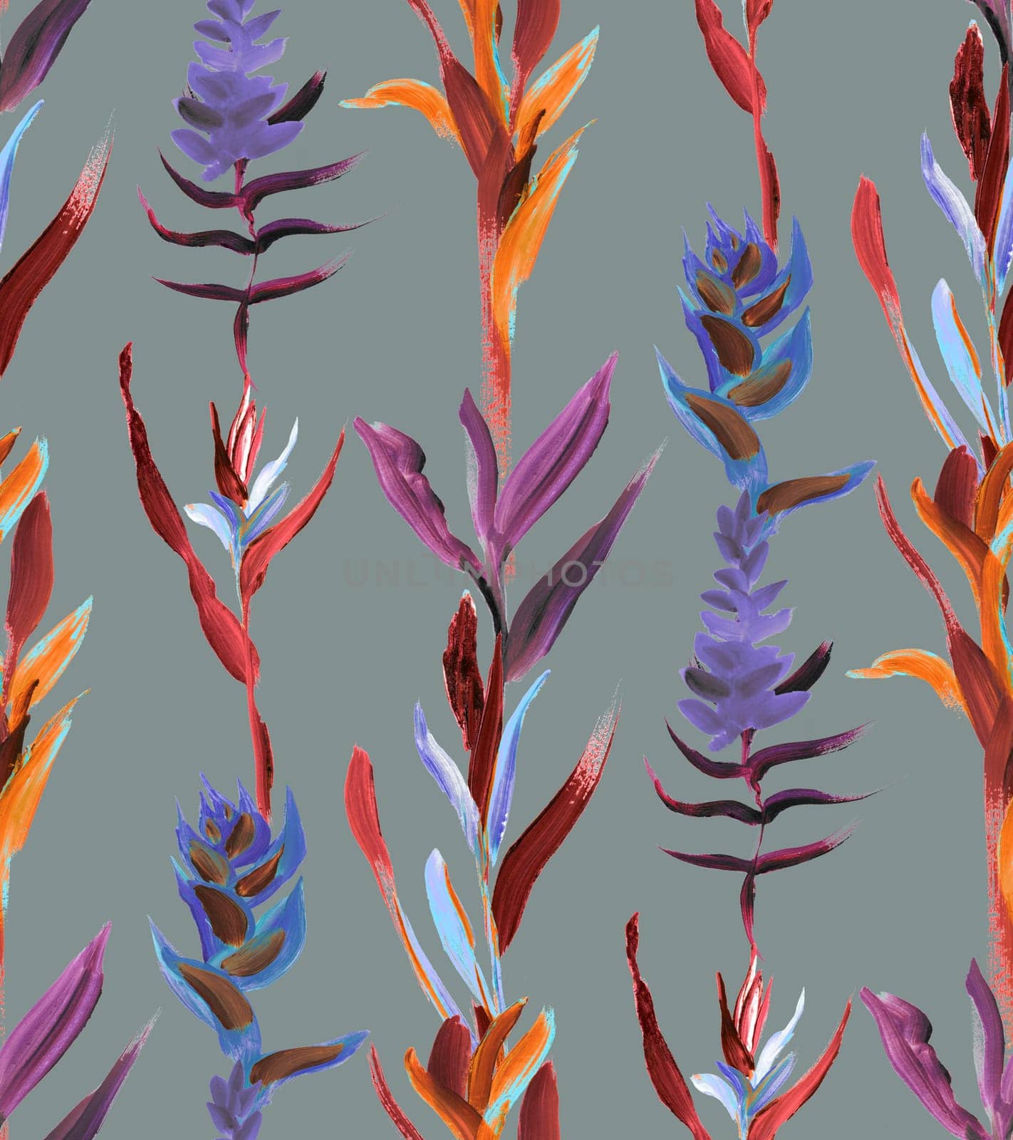Seamless pattern with night tropics with vertical flowers on a dark background painted by MarinaVoyush
