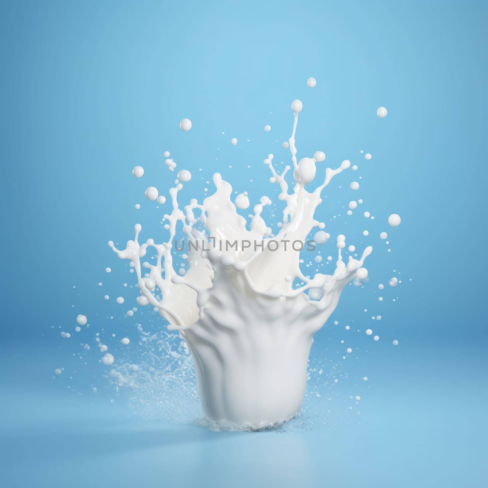 Vivid blue background with milk splashing, an artistic and creative representation of dairy products is AI Generative.