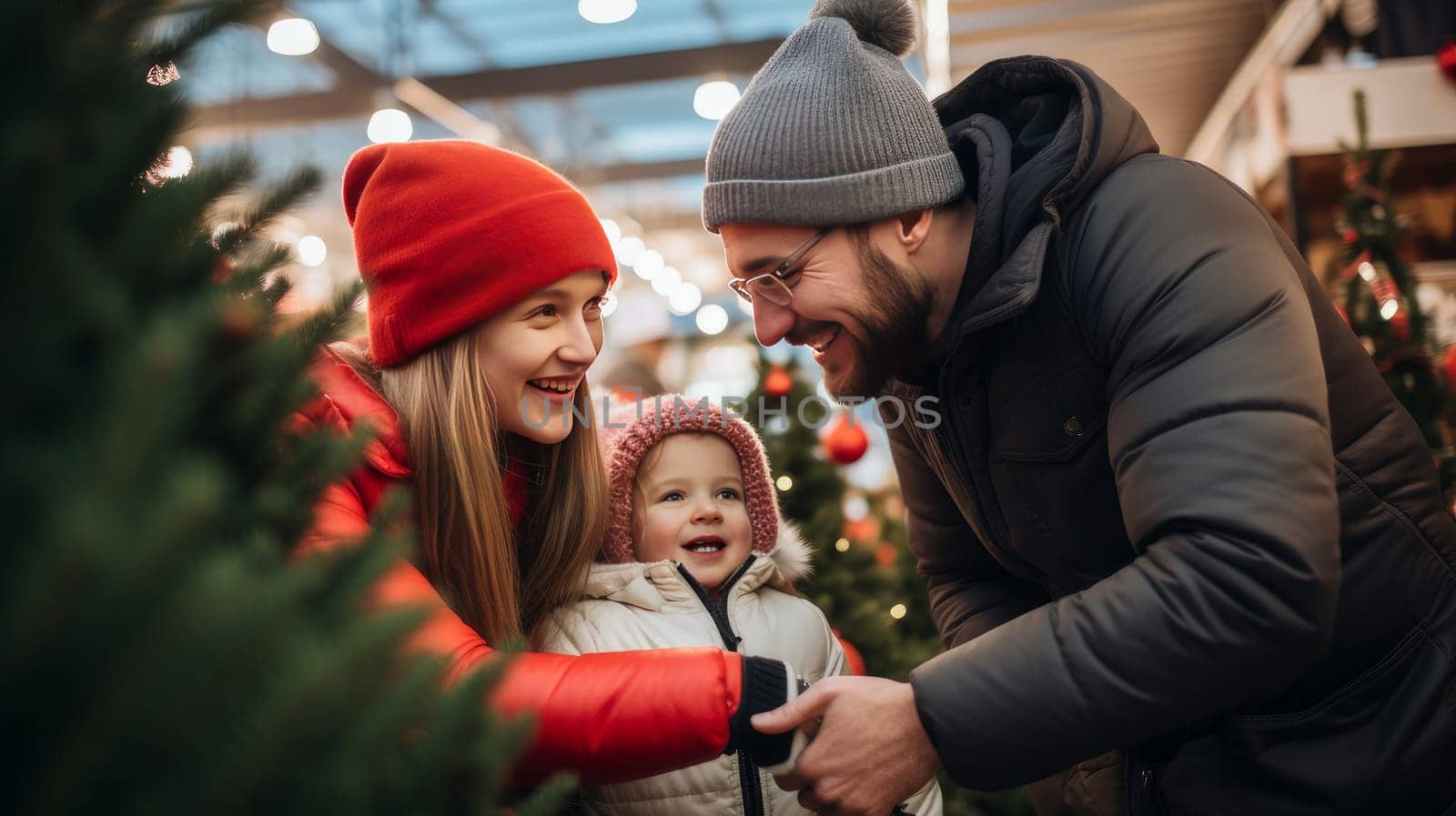 A happy family with a child with Down syndrome and parents choose a New Year's tree at the Christmas tree market. Merry Christmas and Merry New Year concept