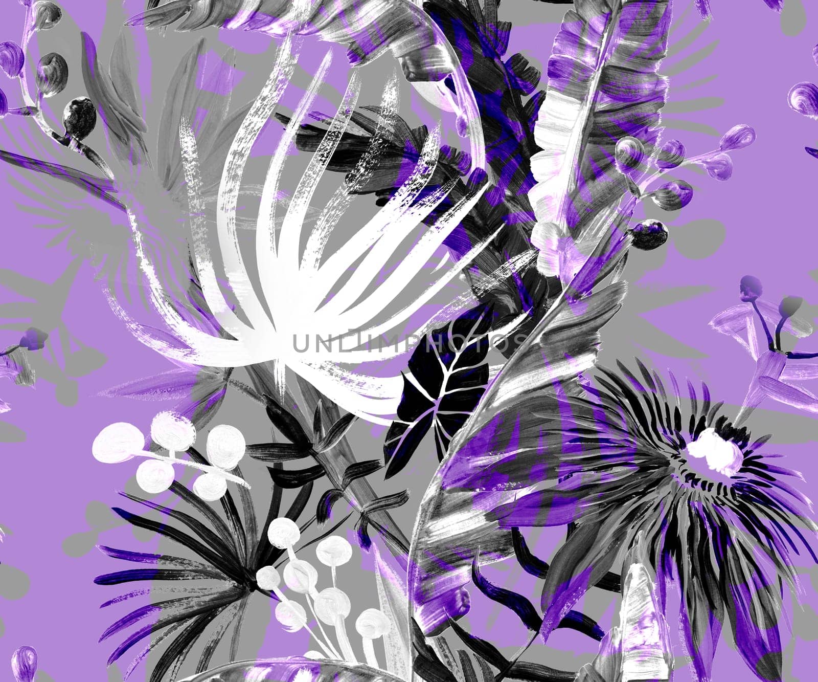 Monochrome seamless pattern with tropical flowers and leaves painted in drybrush gouache for textile