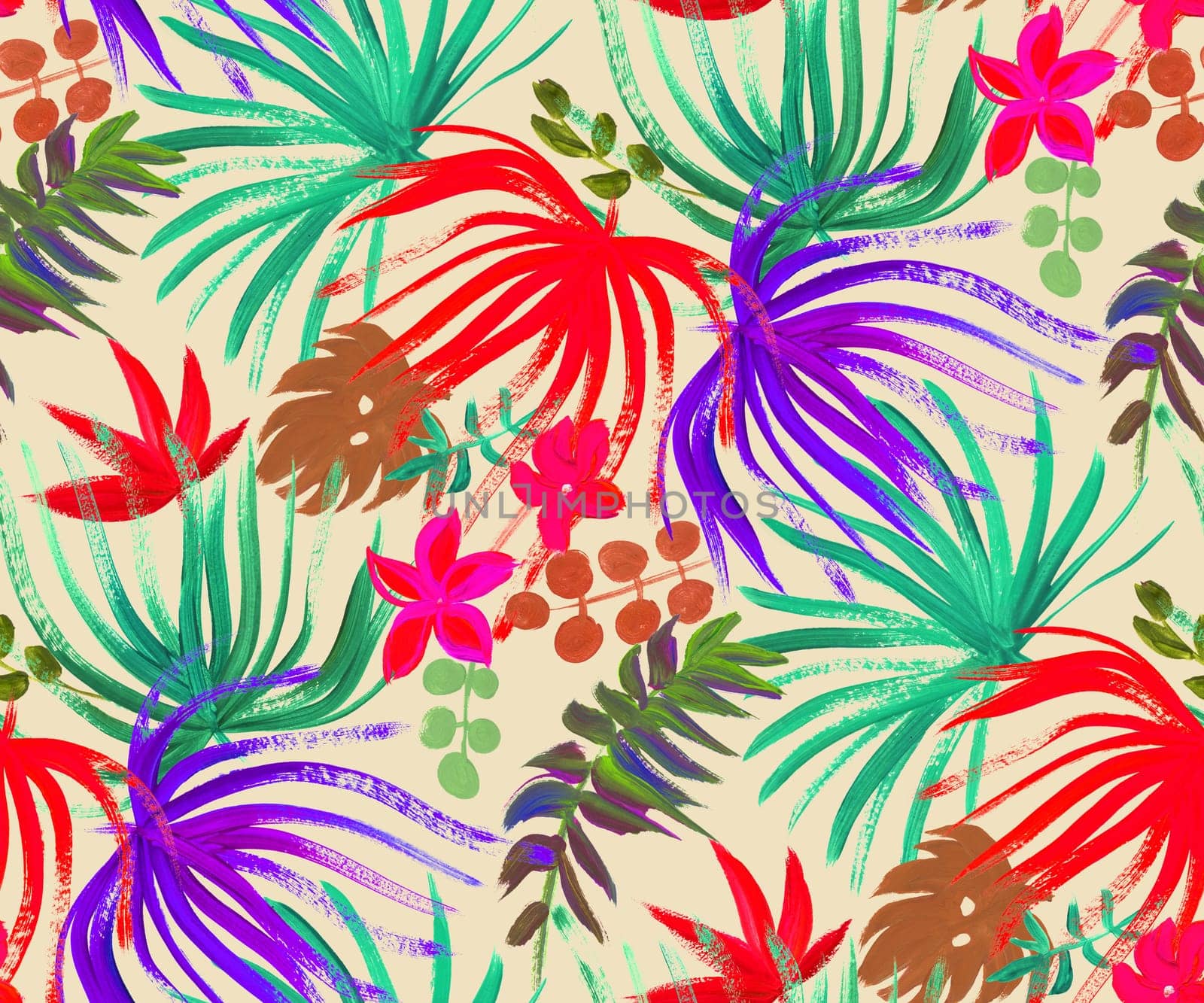 modern bright seamless pattern with tropical palm leaves and colorful dried flowers for fashion textiles and surface design