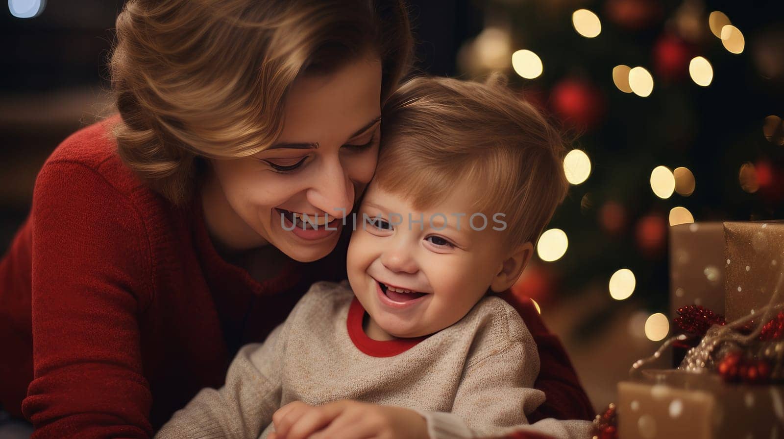 Happy family with a child with Down syndrome and parents against the background of a New Year's tree, people with disabilities. Merry Christmas and Merry New Year concept.