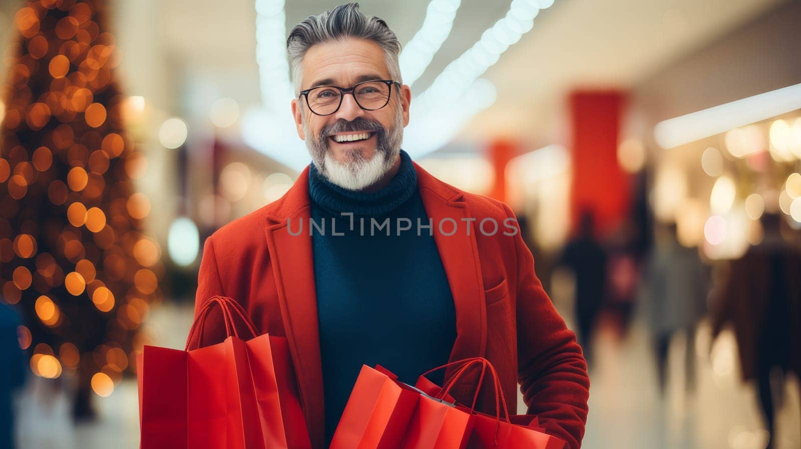 Smiling middle aged man with Christmas gifts in shopping bags in a shopping mall. Christmas sale concept by Alla_Yurtayeva