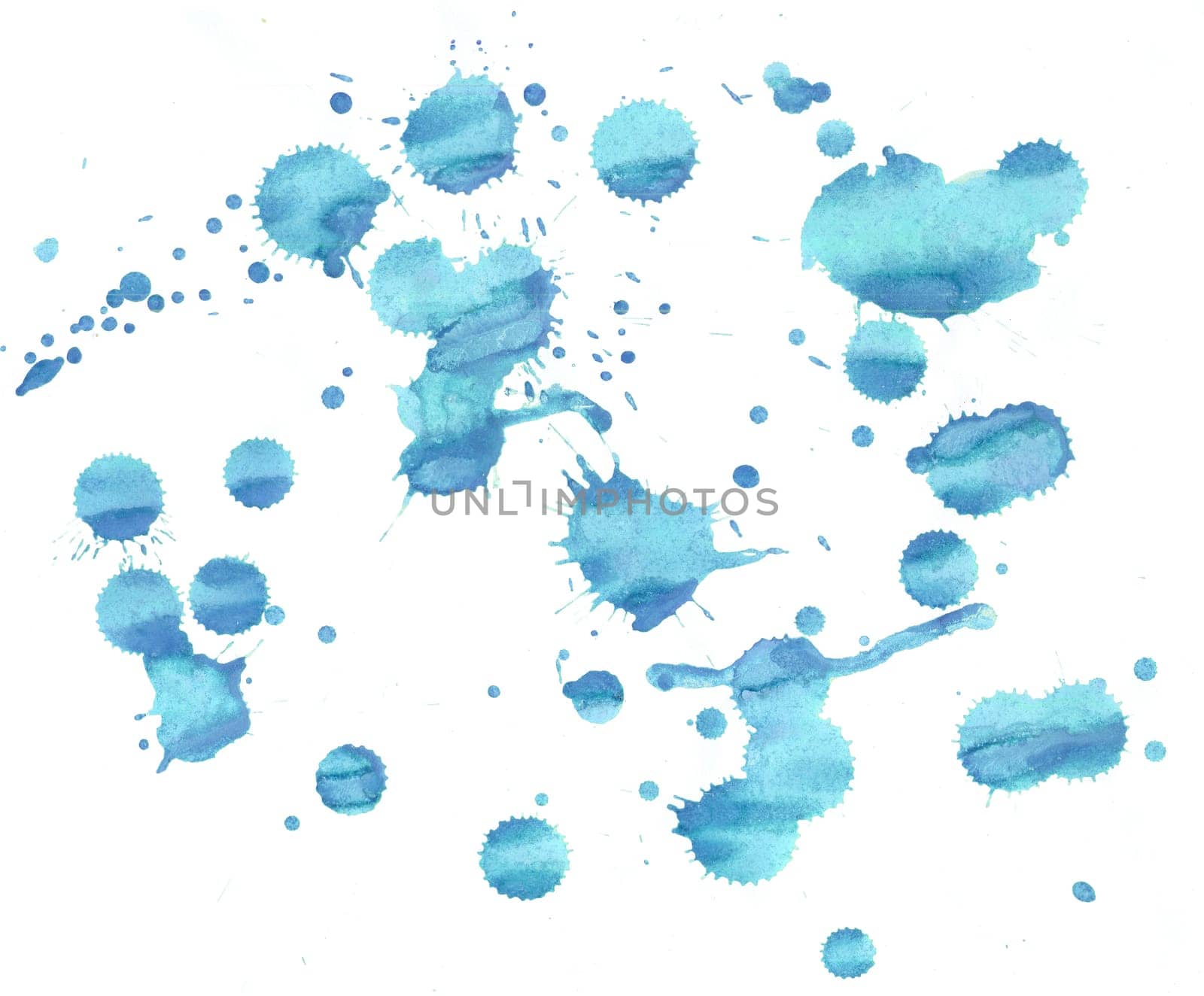 blue drops of watercolor paint on a white background, blotches, drips and splashes