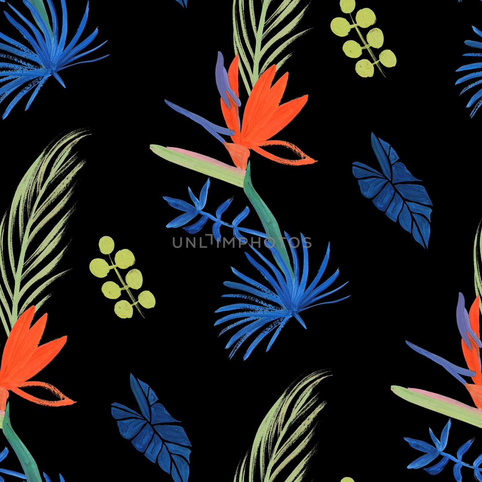 Seamless pattern with tropical flowers of royal strelitzia painted in gouache and leaves on a black background. A modern multi-colored herbarium of dried flowers for summer textiles and surface design