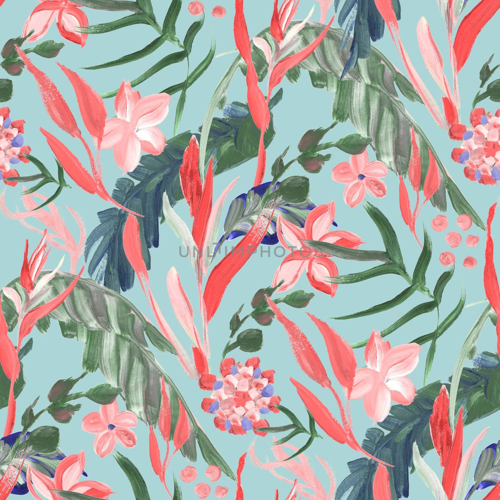 bright seamless pattern with multicolored tropical flowers and leaves on a green background for design surfaces