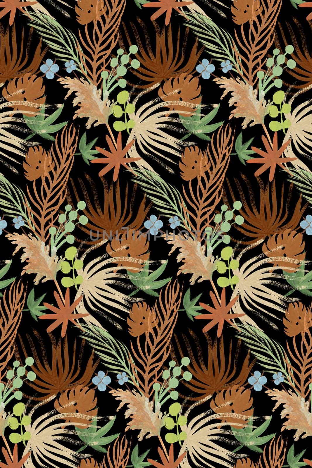 floral pattern with herbarium of tropical branches and other dried flowers on a black background painted with gouache