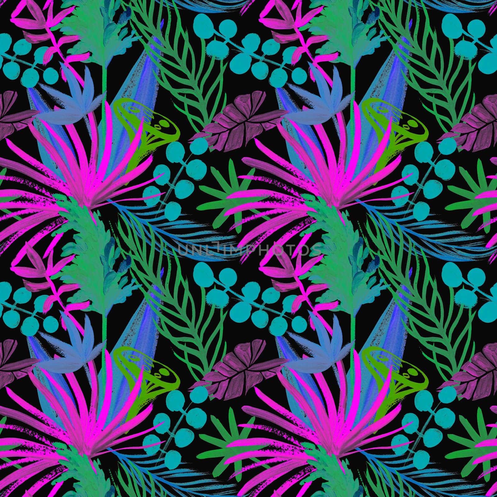 Seamless stylized pattern with night tropical flowers and plants by MarinaVoyush