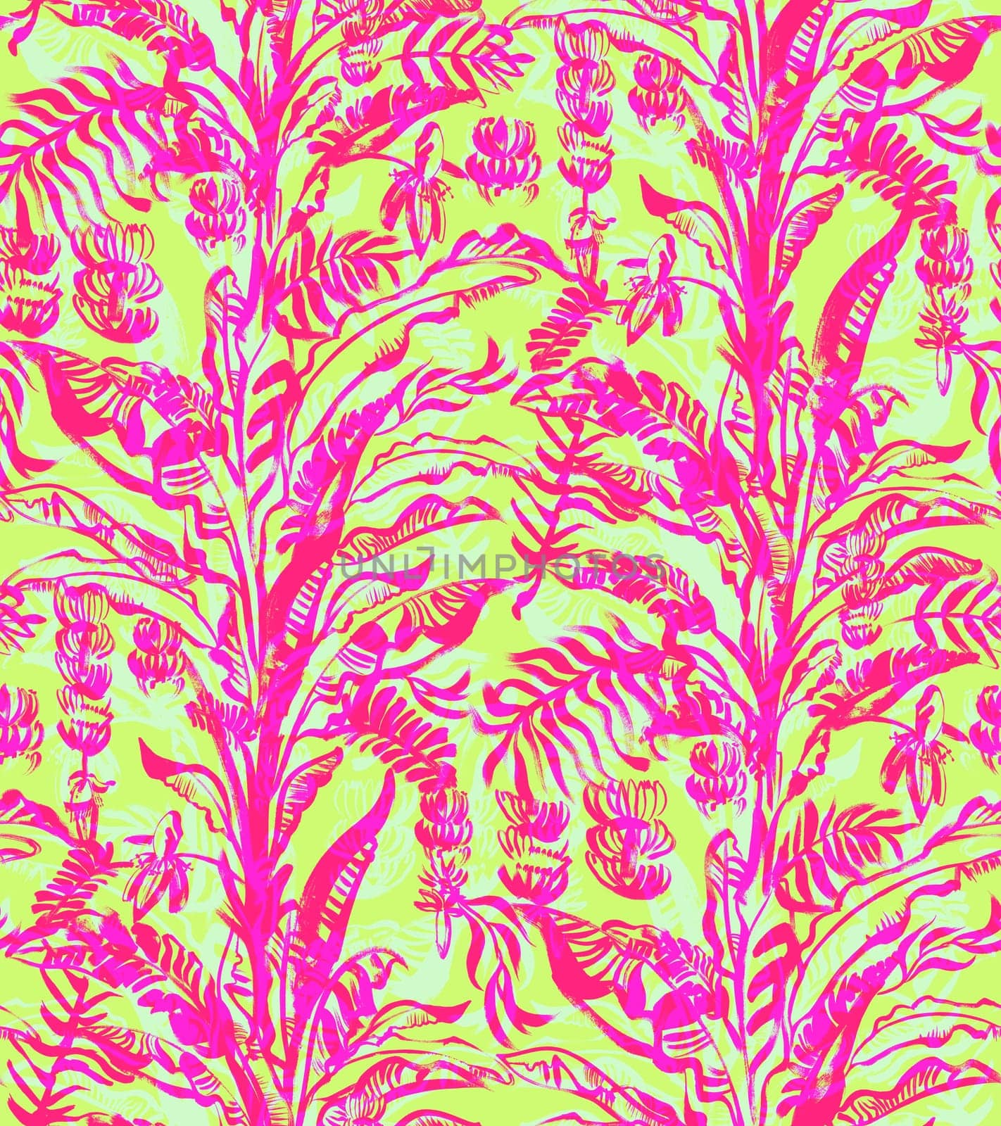 seamless summer pattern with a tropical banana palm painted in pink for textile