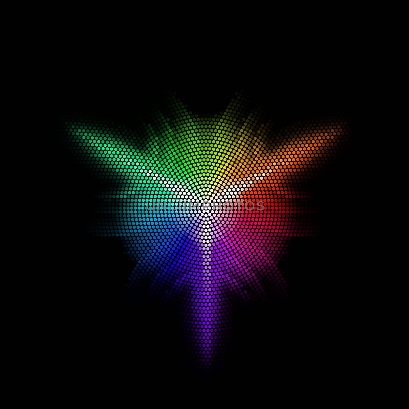 Different colored mosaic with three rays. Black backdrop.