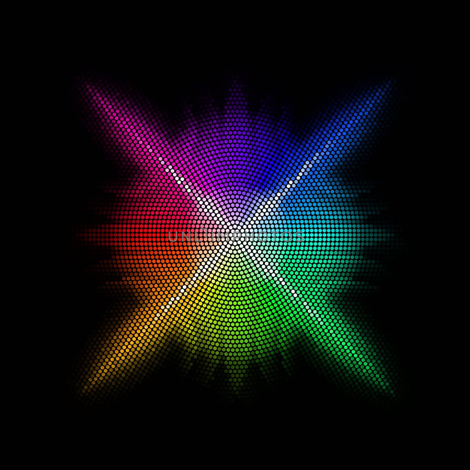 Multicolored mosaic with four rays on the black backdrop.