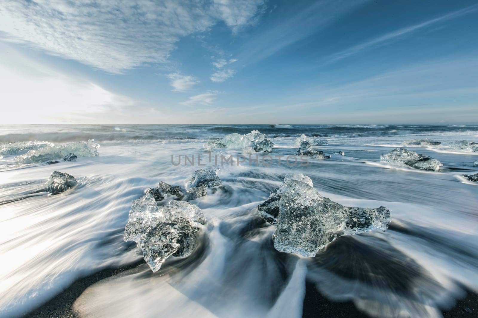 Melting ice on beach near Jokulsarlon in Iceland