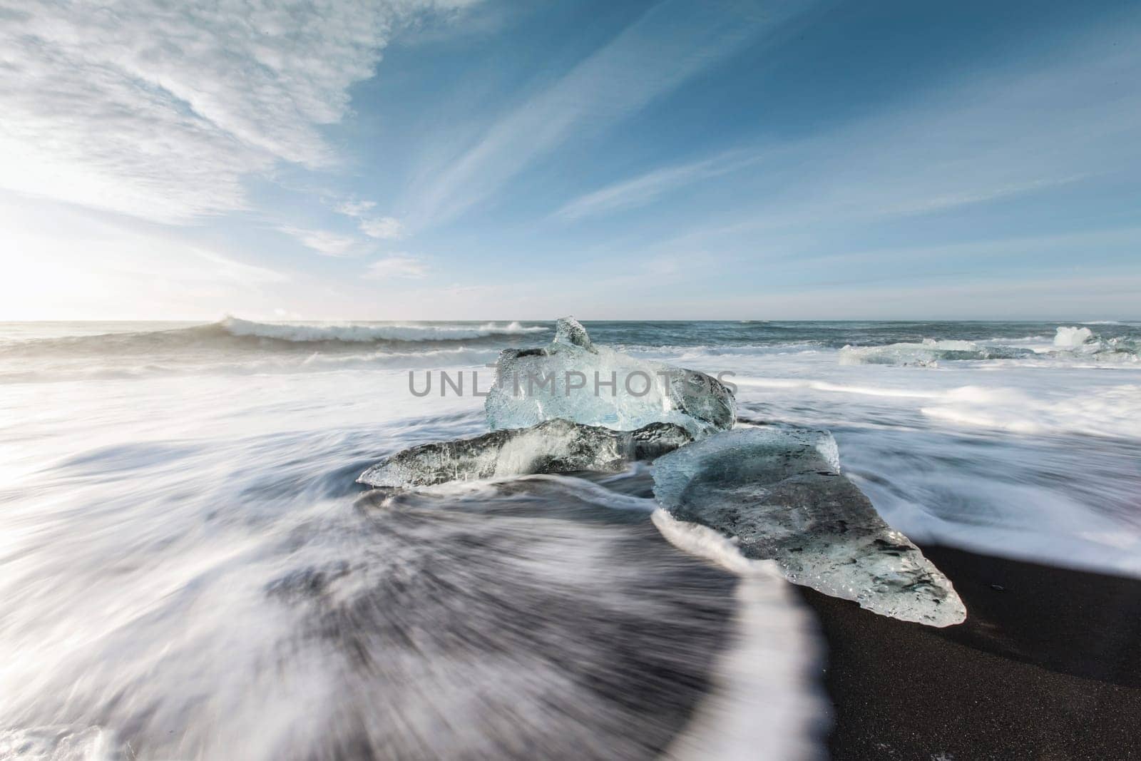 Melting ice on beach near Jokulsarlon in Iceland