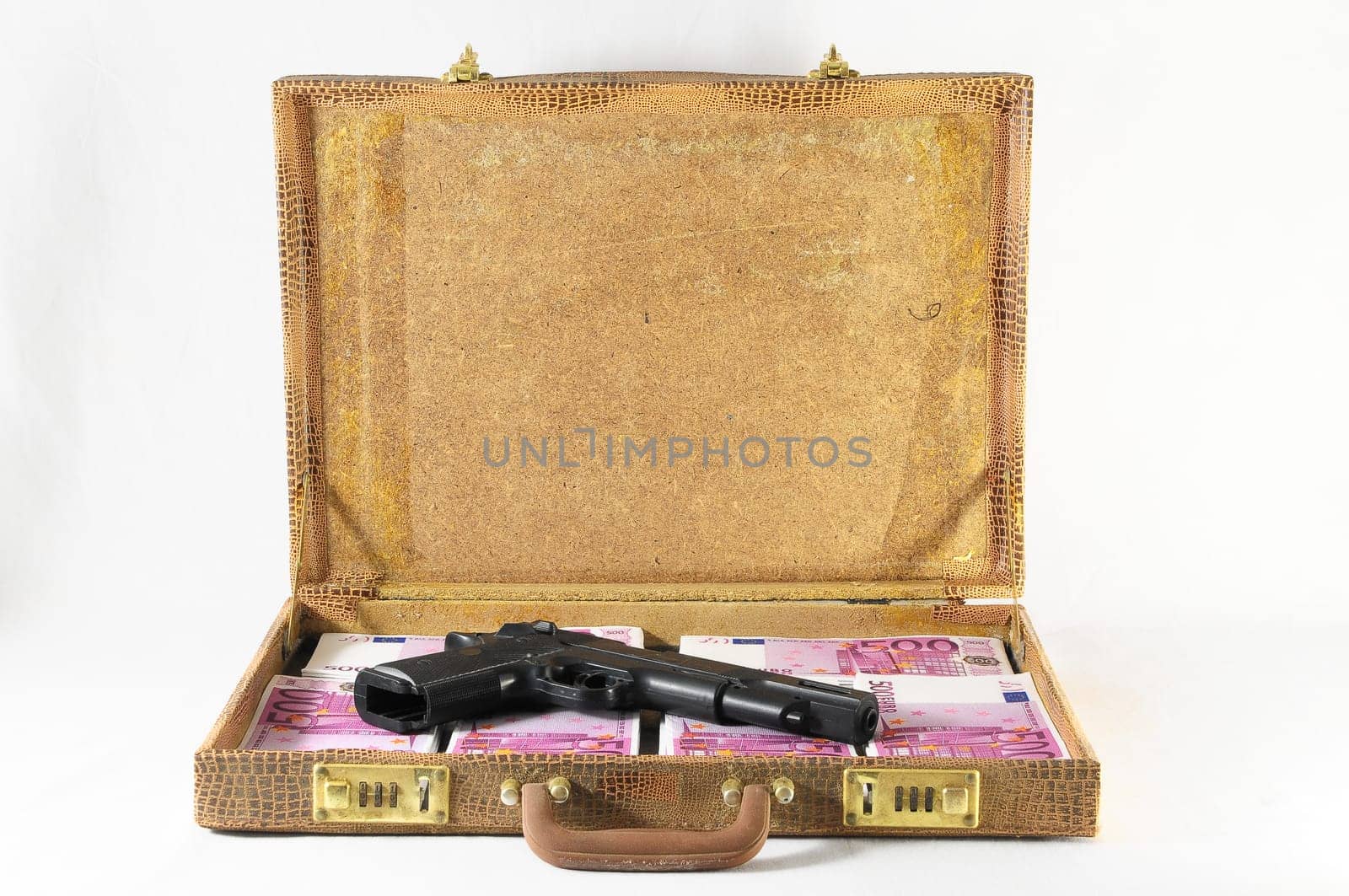One Suitcase Full of Pink 500 Euros Banknotes and a Gun