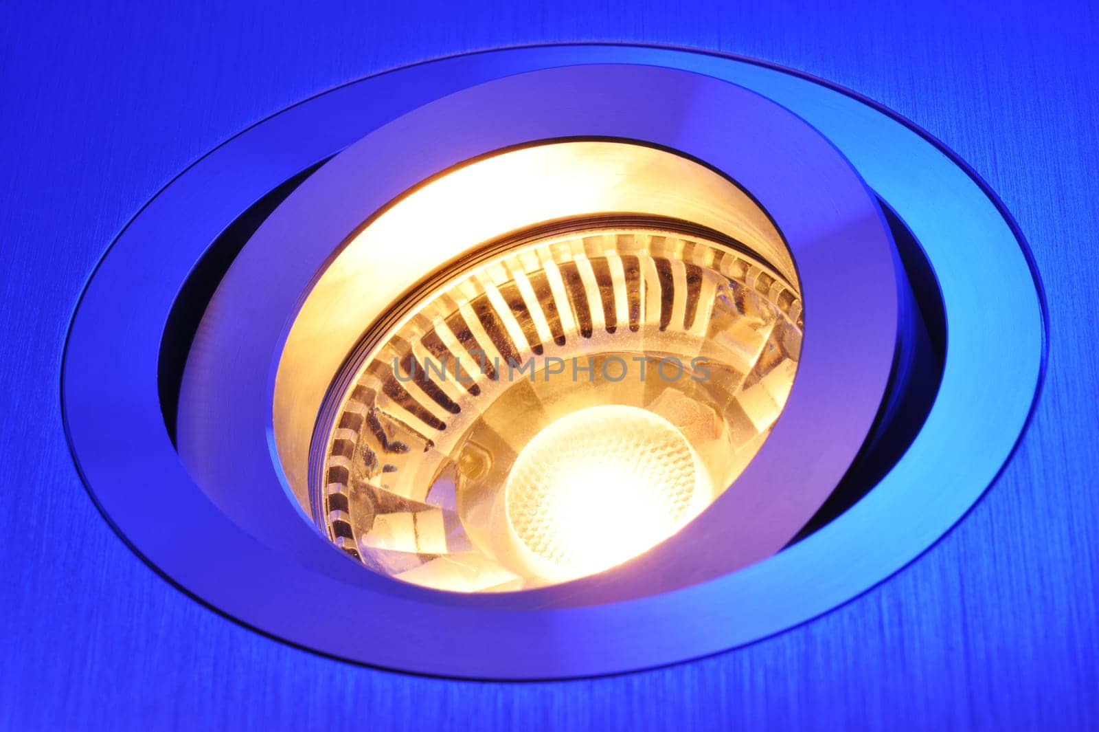 Macrodetail of a warm white COB LED in blue light