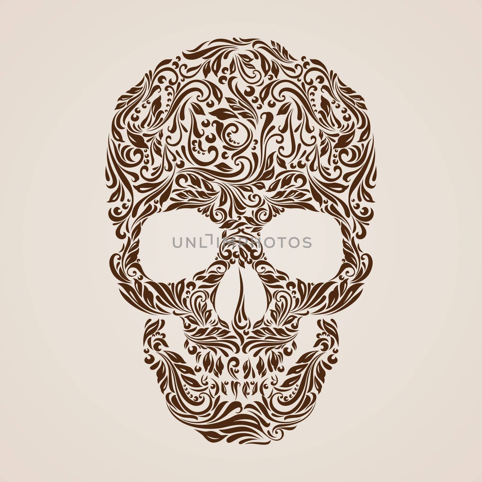 Floral pattern in the shape of a skull on a beige background. Day of the Dead