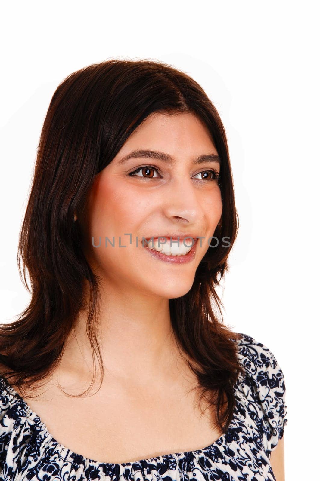 A beautiful brunette woman in a head shoot picture, smiling, isolated.for white background..
