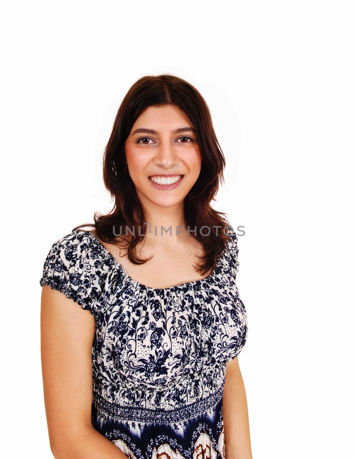 A beautiful brunette woman in a portrait picture, smiling, isolated.for white background..
