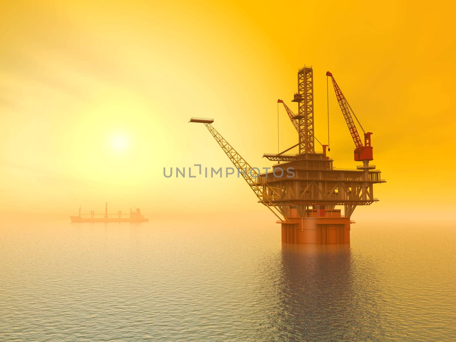 Computer-generated 3D illustration with a drilling rig at sunset
